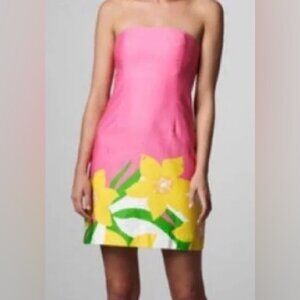 Lilly Pulitzer Franco Daffodil Strapless Pink Cutout Tie Back Sheath Size 2